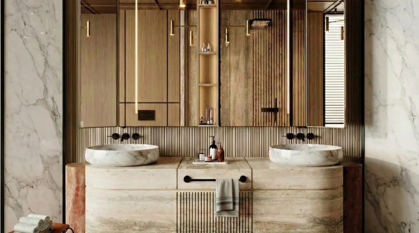 AABHA double vanity in warm timber and marble