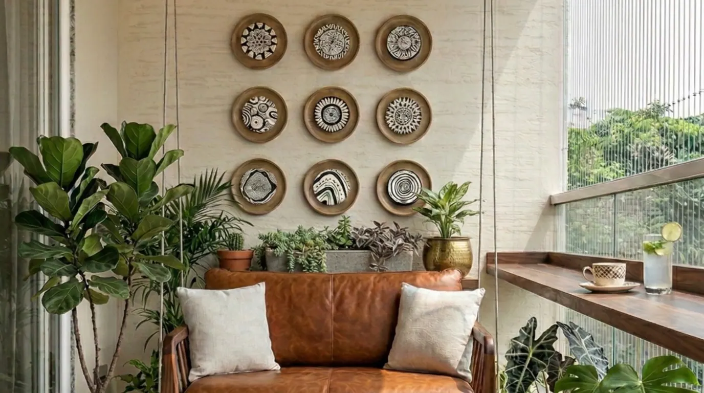 AABHA courtyard seating framed by plants and ceramic art