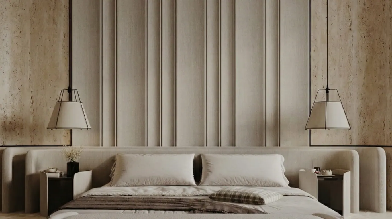 AABHA bedroom with upholstered wall panels and pendant lights