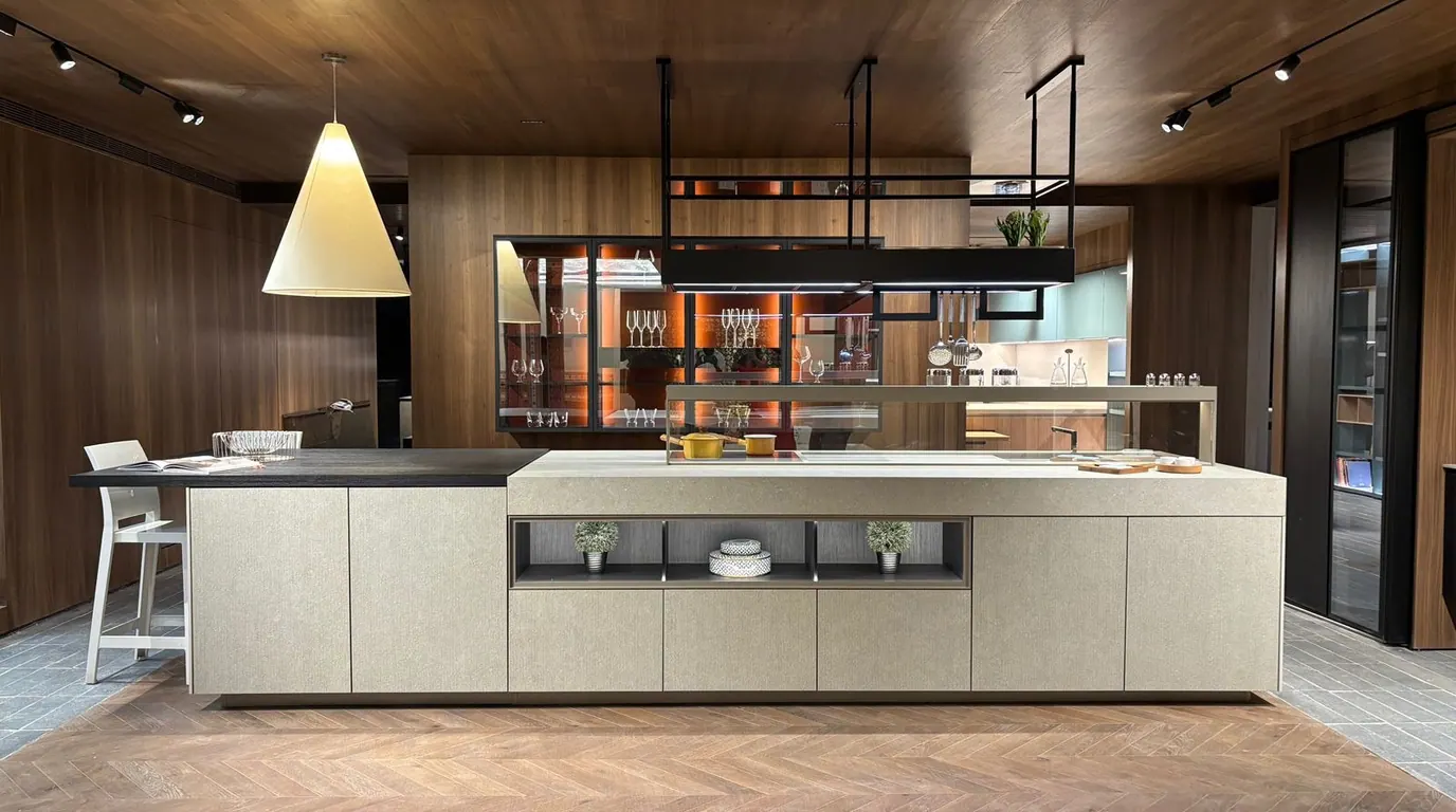 KSHITIJ open kitchen with stone island and warm lighting