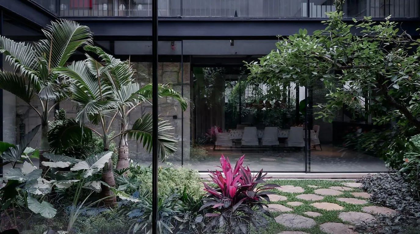 SHANTI garden courtyard and shaded exterior walkway