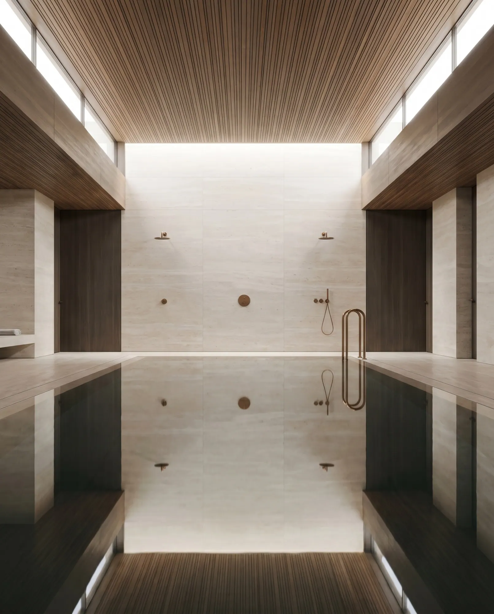 Sunlight casting shadows through vertical wooden slats onto tiled beige stone walls and floor.